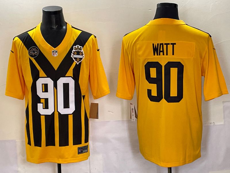 Men 2025 Pittsburgh Steelers #90 Watt Yellow Retro Nike Limited NFL Jersey style 03->pittsburgh steelers->NFL Jersey